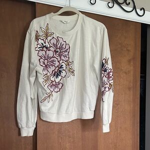 Anthropologie Cream Embroidered Floral Sweatshirt